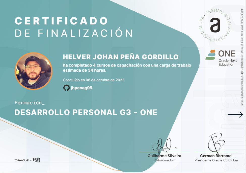 Certificado Oracle Alura LATAM Desarrollo Personal